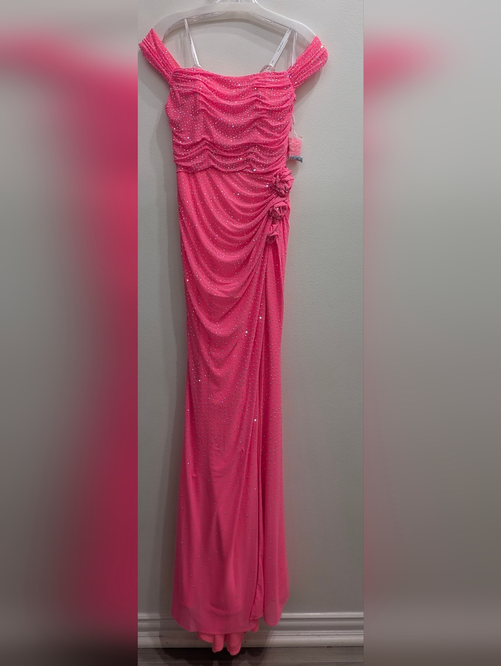 Pink Off-Shoulder Ruched Maxi Dress with Embellished Detail
